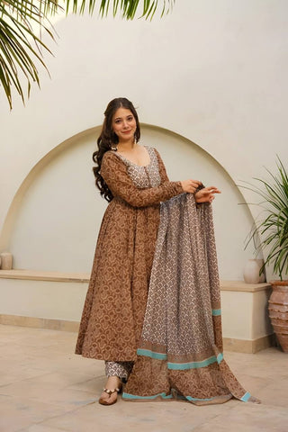 Party Wear Brown Color Maslin Fabric Digital Printed Work Anarkali Suit