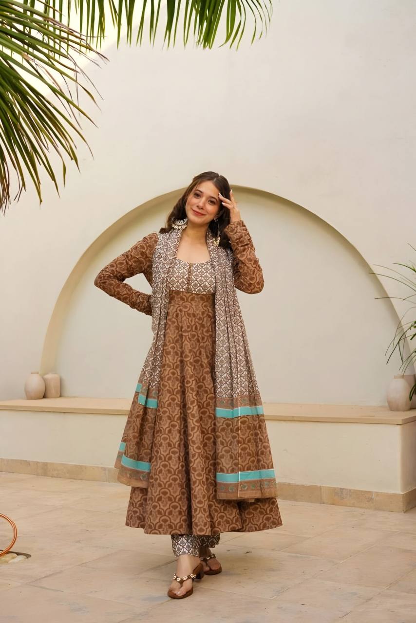 Party Wear Brown Color Maslin Fabric Digital Printed Work Anarkali Suit