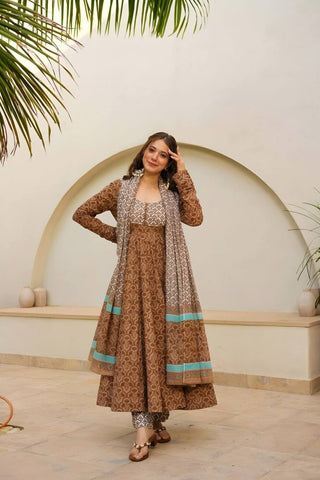 Party Wear Brown Color Maslin Fabric Digital Printed Work Anarkali Suit