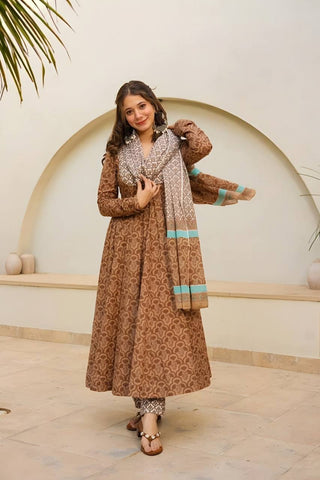 Party Wear Brown Color Maslin Fabric Digital Printed Work Anarkali Suit