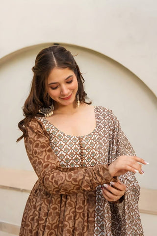 Party Wear Brown Color Maslin Fabric Digital Printed Work Anarkali Suit