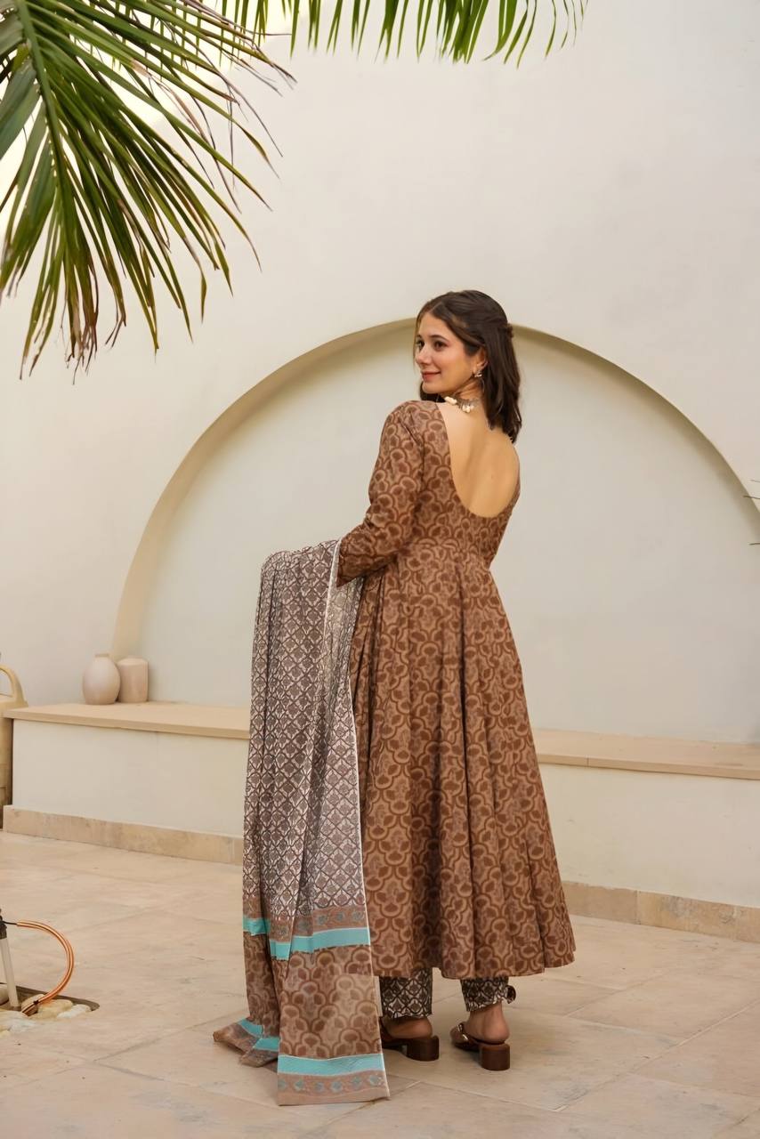 Party Wear Brown Color Maslin Fabric Digital Printed Work Anarkali Suit
