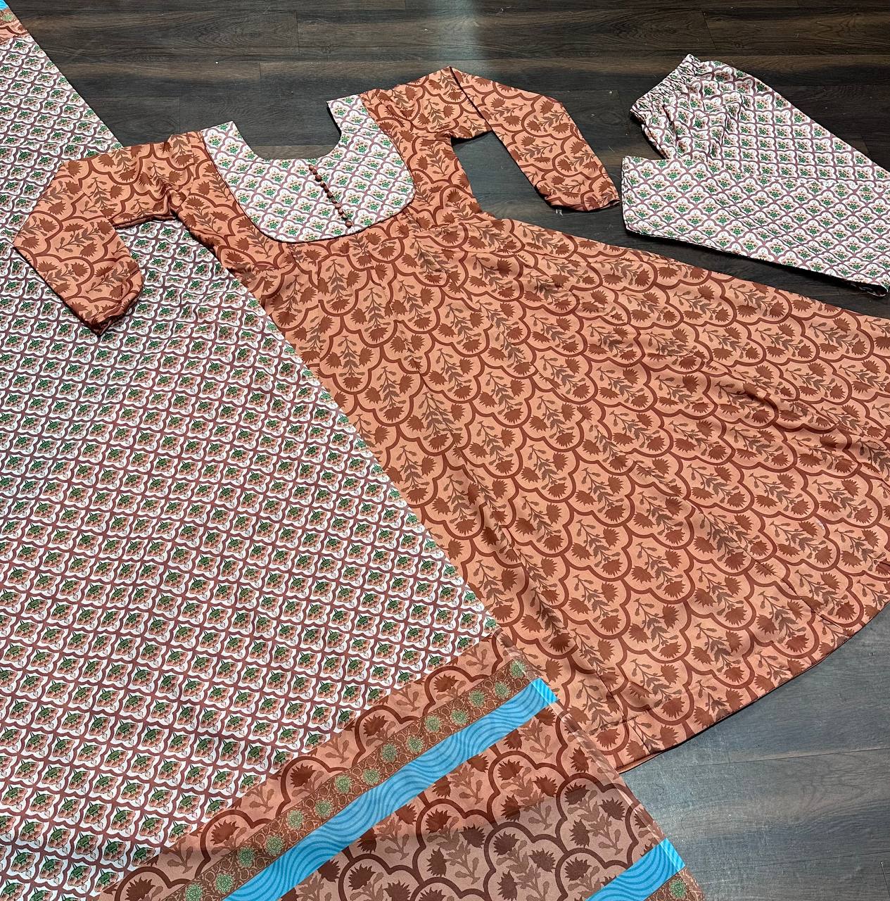 Party Wear Brown Color Maslin Fabric Digital Printed Work Anarkali Suit