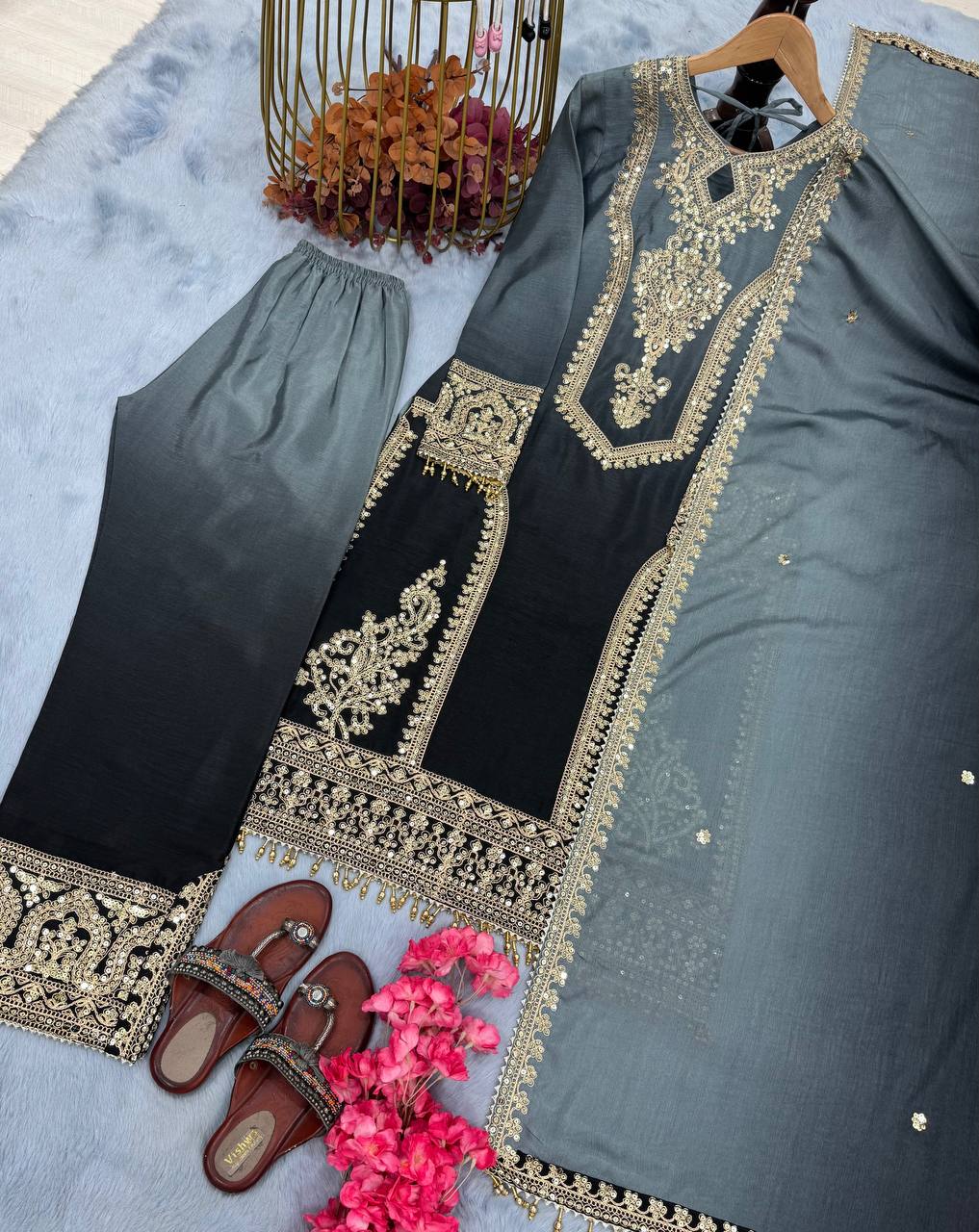 Festive Wear Black Color Pure Dual Tone Padding Chinon Silk With Embroidery Work Pakistani Suit