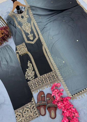 Festive Wear Black Color Pure Dual Tone Padding Chinon Silk With Embroidery Work Pakistani Suit