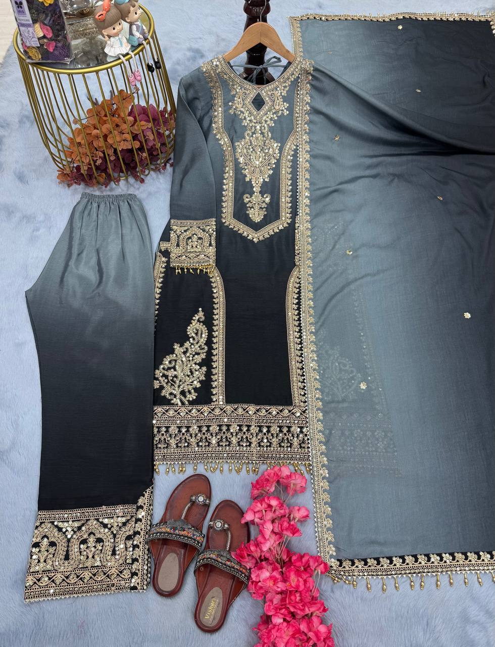 Festive Wear Black Color Pure Dual Tone Padding Chinon Silk With Embroidery Work Pakistani Suit