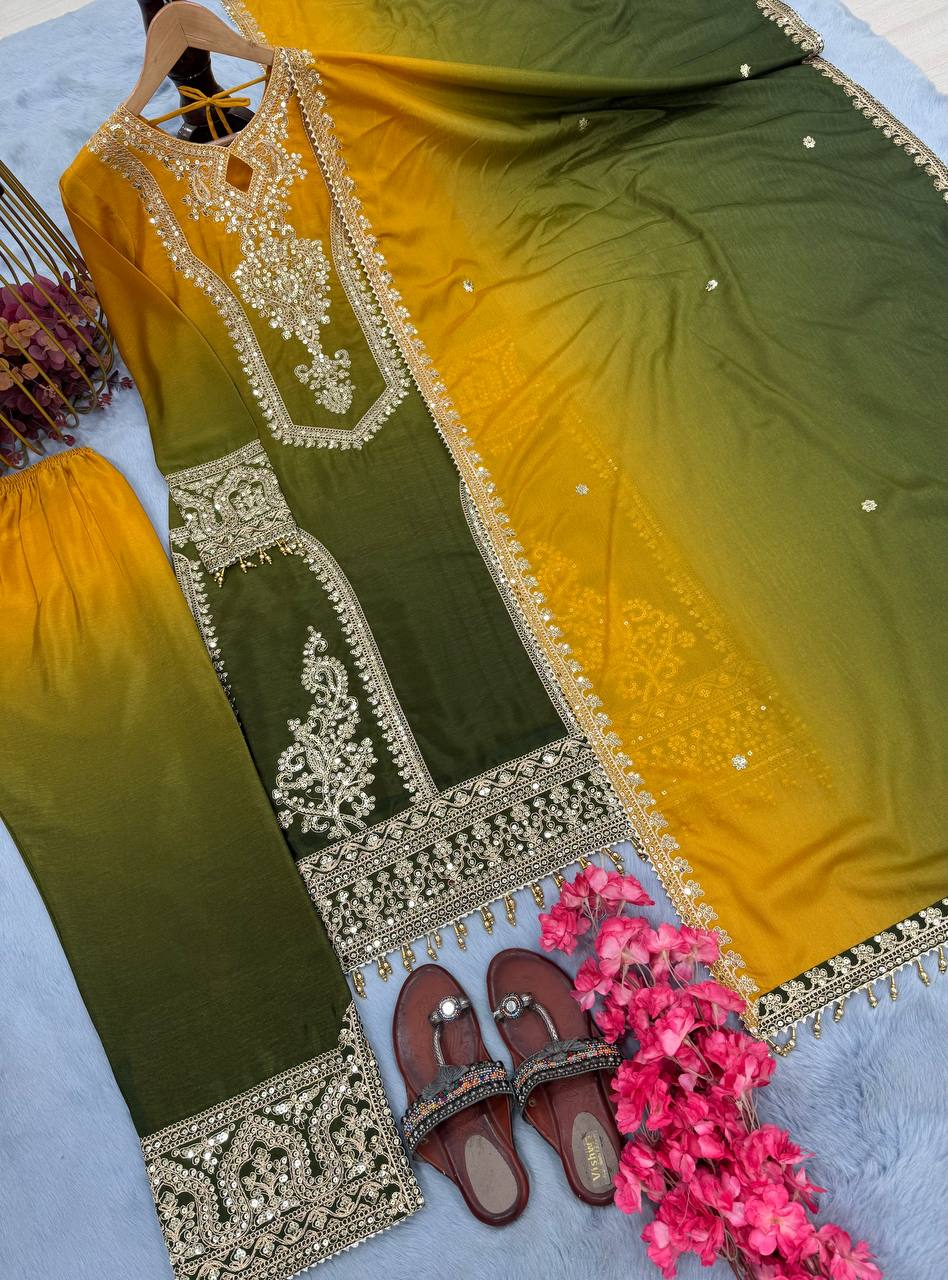 Festive Wear Mustard Color Pure Dual Tone Padding Chinon Silk With Embroidery Work Pakistani Suit