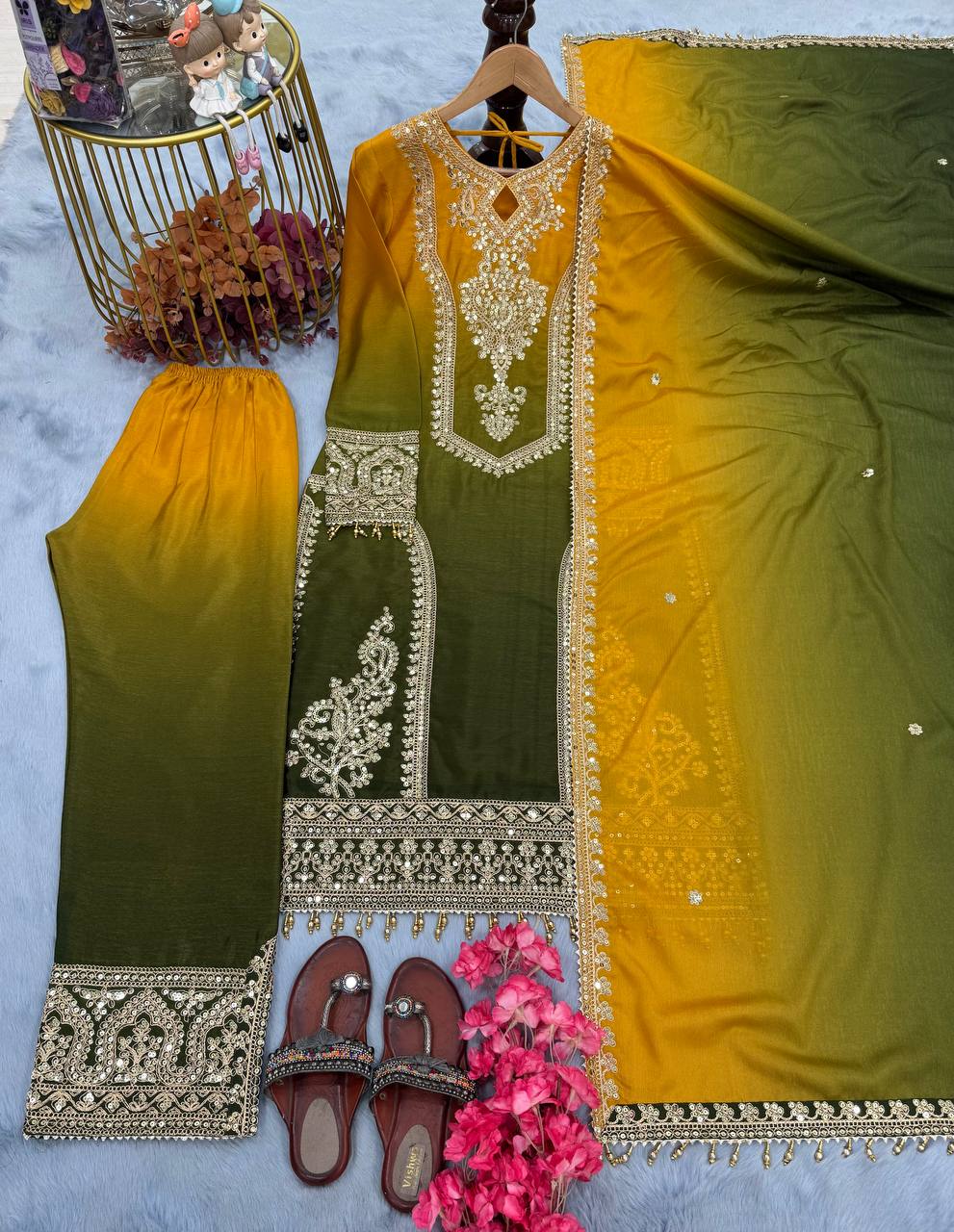 Festive Wear Mustard Color Pure Dual Tone Padding Chinon Silk With Embroidery Work Pakistani Suit