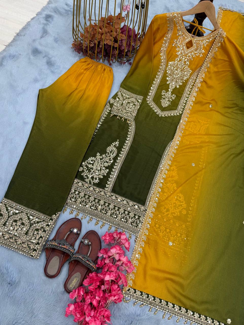 Festive Wear Mustard Color Pure Dual Tone Padding Chinon Silk With Embroidery Work Pakistani Suit