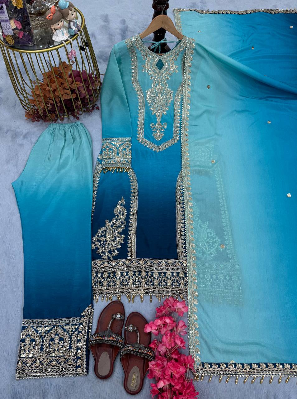 Festive Wear Sky Color Pure Dual Tone Padding Chinon Silk With Embroidery Work Pakistani Suit