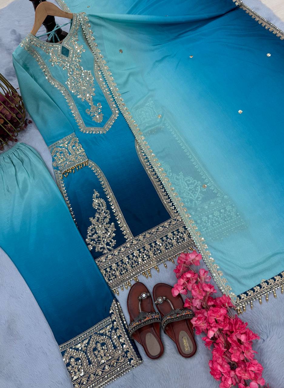 Festive Wear Sky Color Pure Dual Tone Padding Chinon Silk With Embroidery Work Pakistani Suit