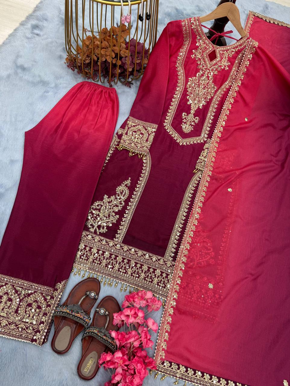 Festive Wear Pink And Maroon Color Pure Dual Tone Padding Chinon Silk With Embroidery Work Pakistani Suit