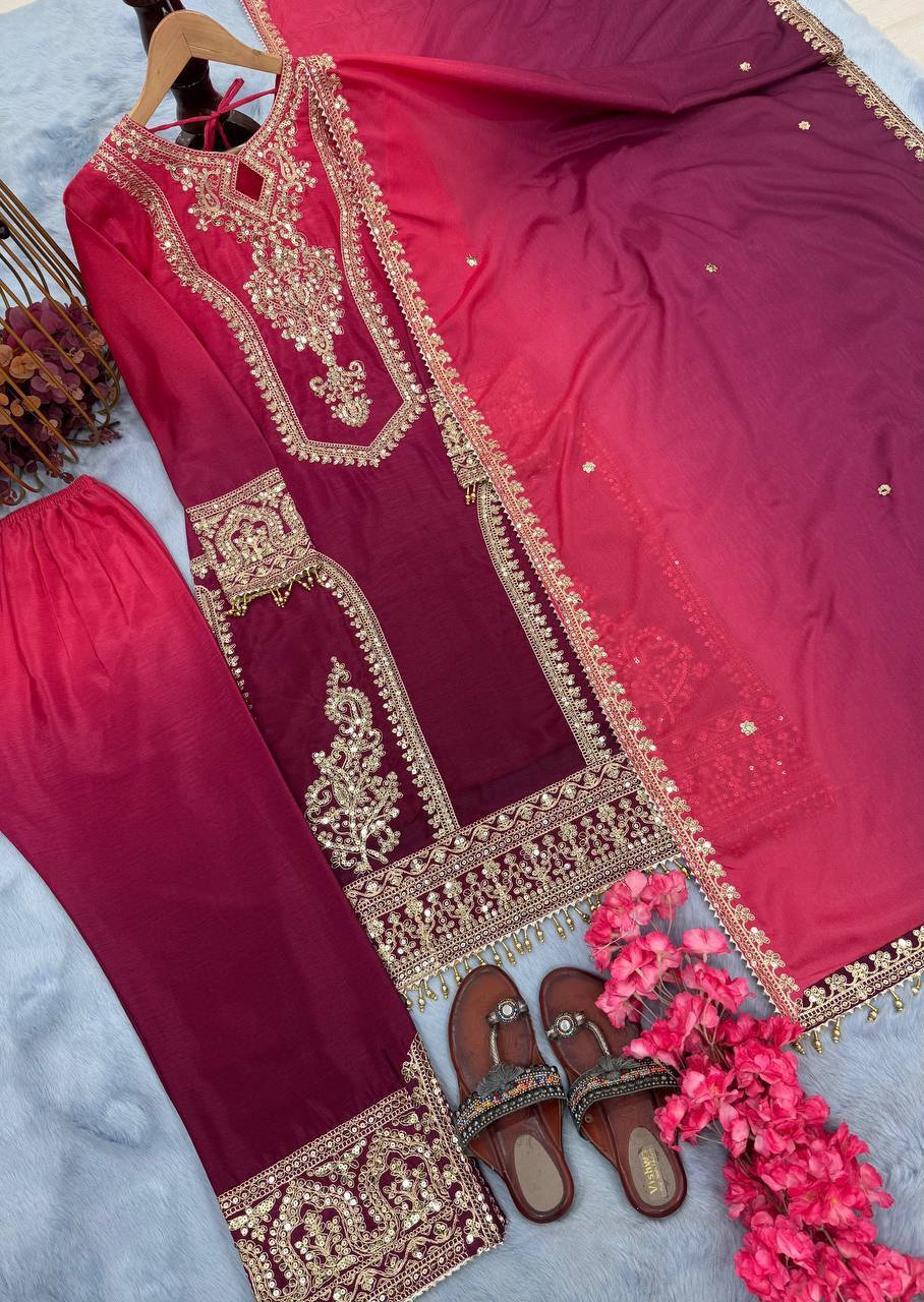 Festive Wear Pink And Maroon Color Pure Dual Tone Padding Chinon Silk With Embroidery Work Pakistani Suit