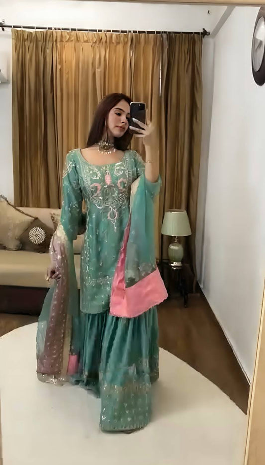Celebrity Style Green color Heavy Chinnon silk With  Embroidery Sequence Work Sharara Suit