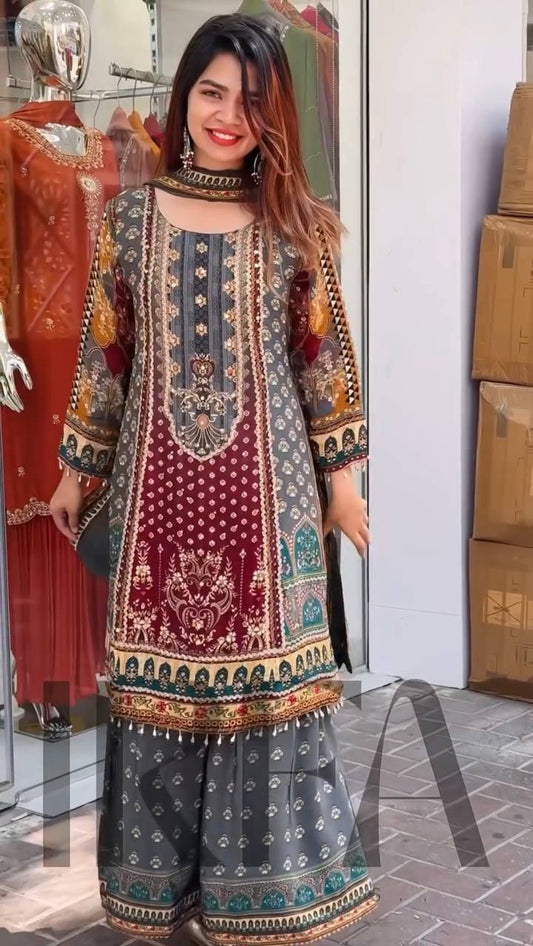 Exclusive Maroon Color Heavy Faux Georgette Digital Print With Real Mirror Hand Work Palazzo Suit