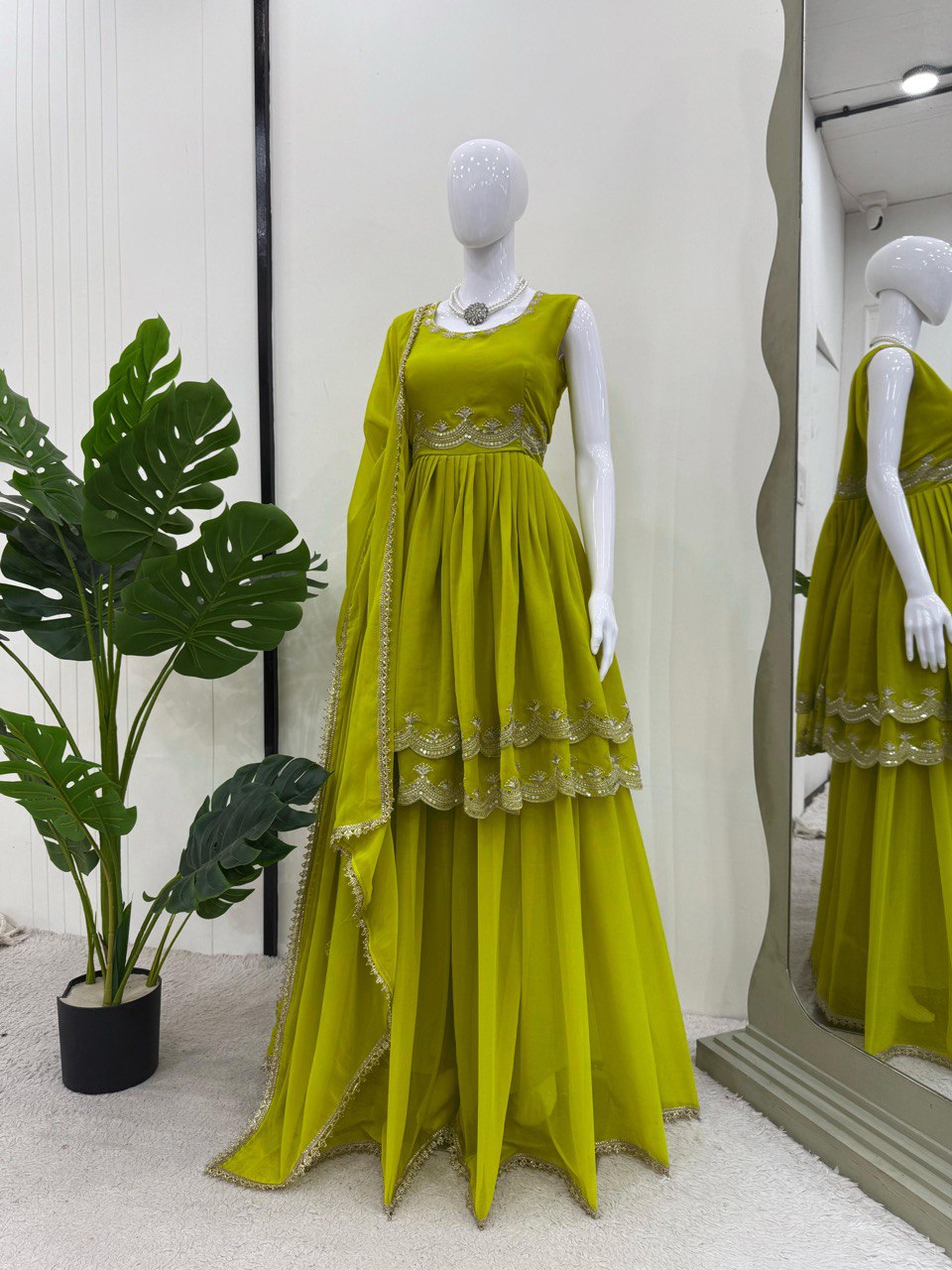 Innovative Green Color Faux Georgette Thread With Sequence Work Palazzo Suit