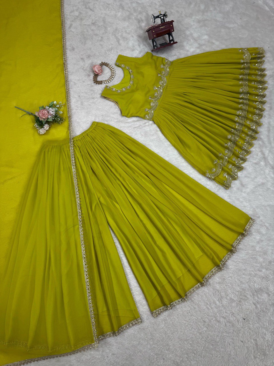 Innovative Green Color Faux Georgette Thread With Sequence Work Palazzo Suit