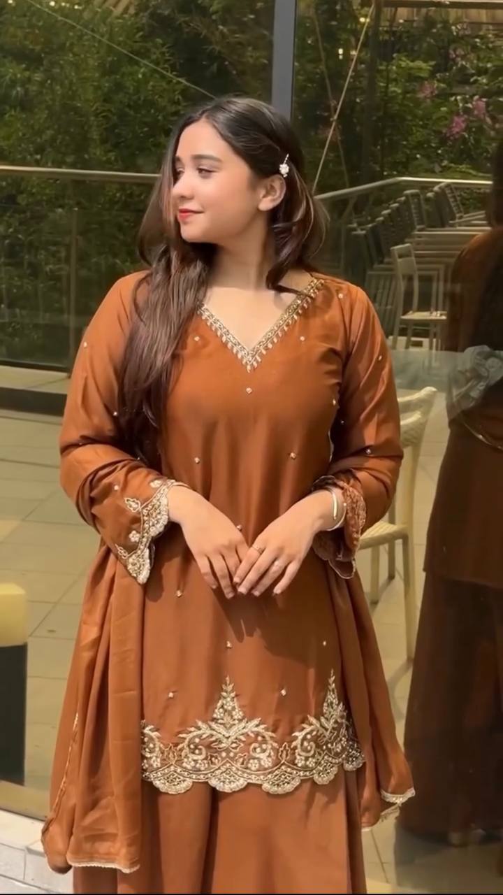 Celebrity Style Musterd Color Heavy Faux Georgette With Embroidery Sequence Work Palazzo Suit