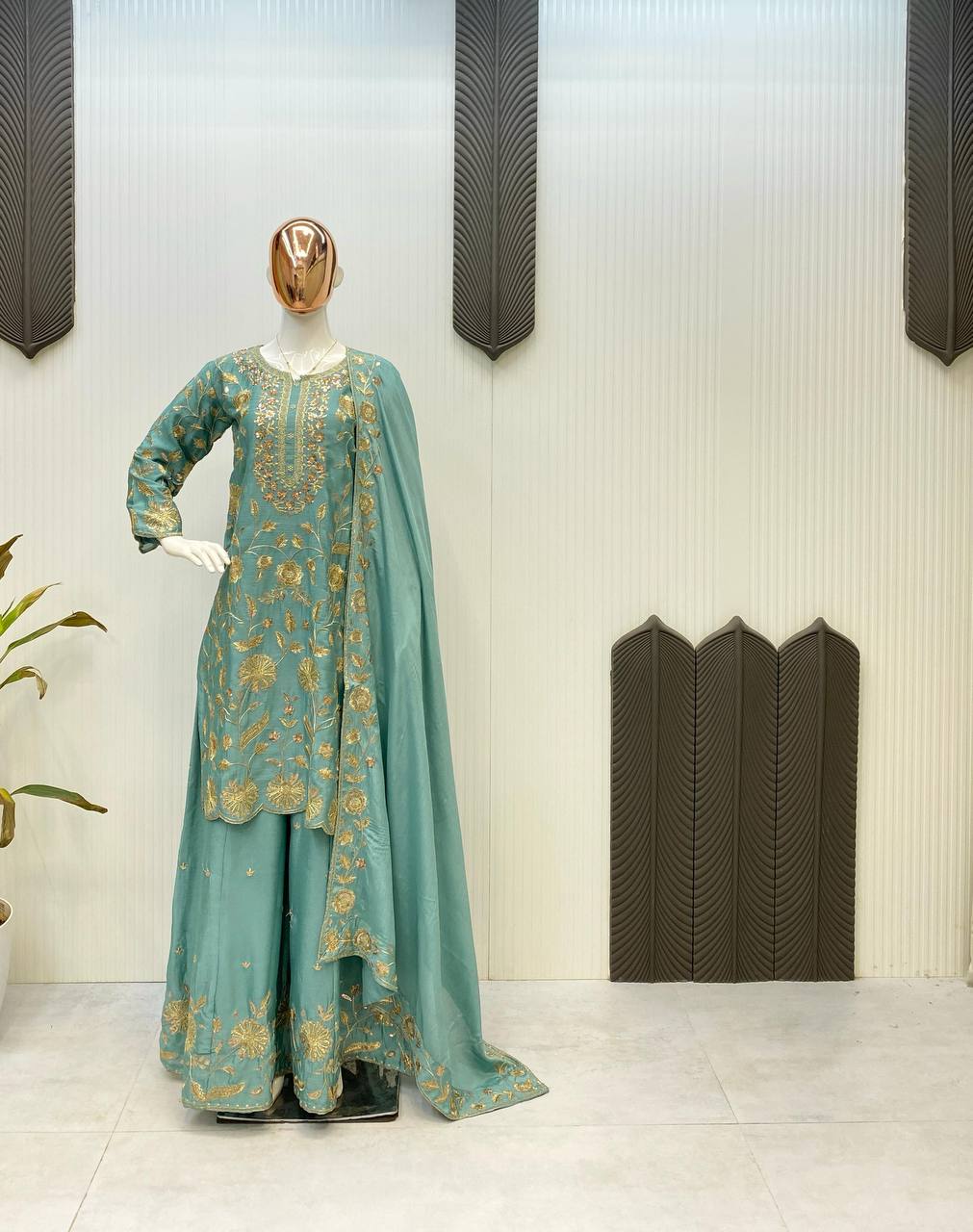 Beautiful Aqua Green Color Chinon With Sequence Embroidery Work Palazzo Suit