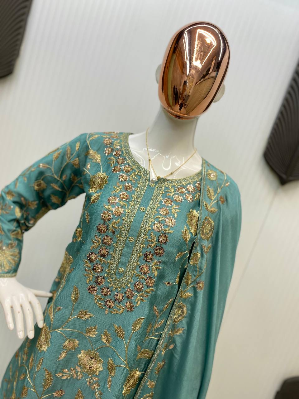 Beautiful Aqua Green Color Chinon With Sequence Embroidery Work Palazzo Suit
