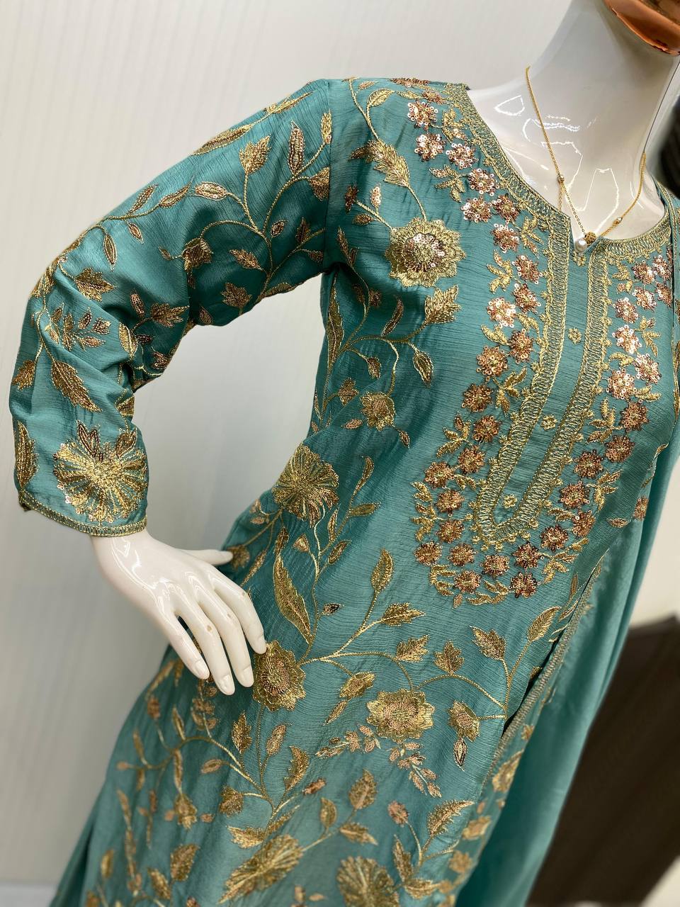 Beautiful Aqua Green Color Chinon With Sequence Embroidery Work Palazzo Suit