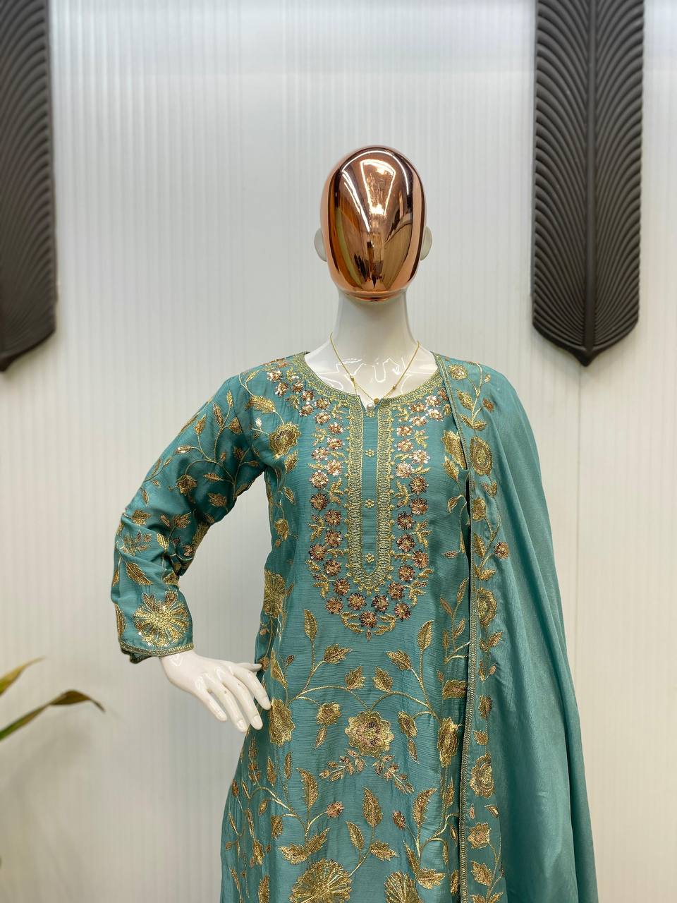 Beautiful Aqua Green Color Chinon With Sequence Embroidery Work Palazzo Suit