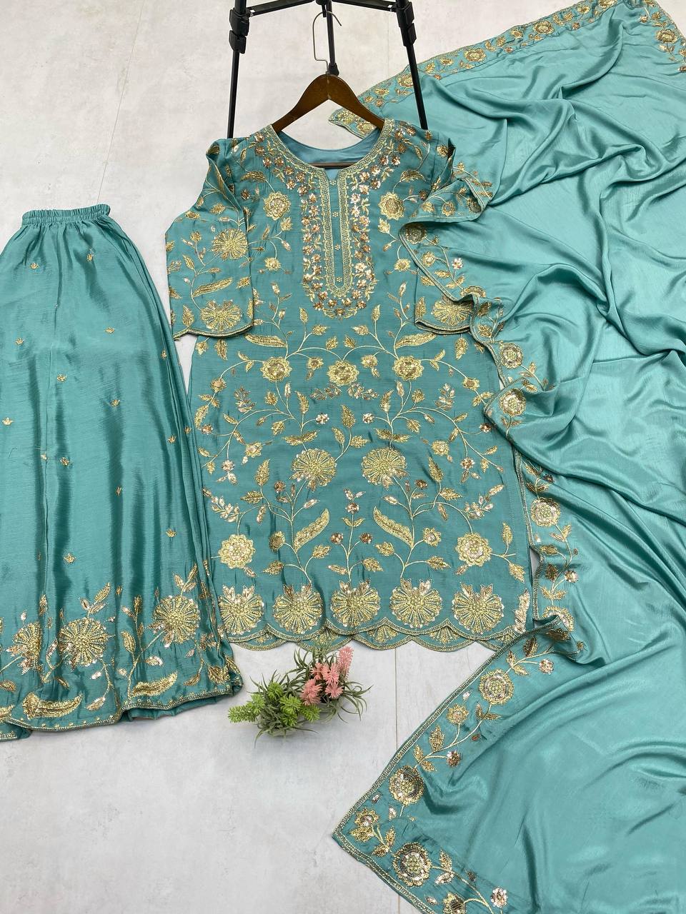 Beautiful Aqua Green Color Chinon With Sequence Embroidery Work Palazzo Suit