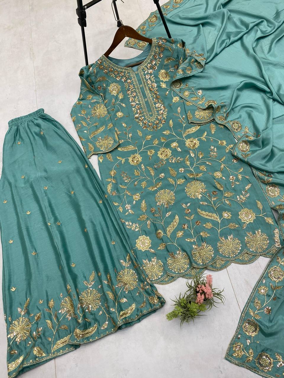 Beautiful Aqua Green Color Chinon With Sequence Embroidery Work Palazzo Suit