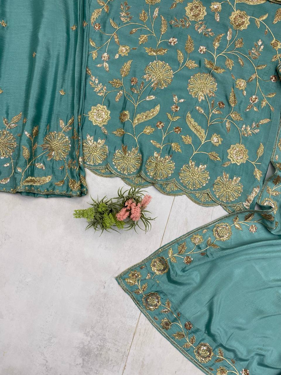 Beautiful Aqua Green Color Chinon With Sequence Embroidery Work Palazzo Suit