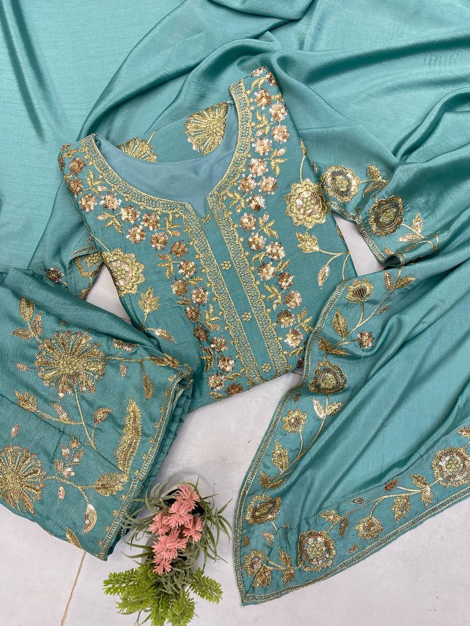 Beautiful Aqua Green Color Chinon With Sequence Embroidery Work Palazzo Suit