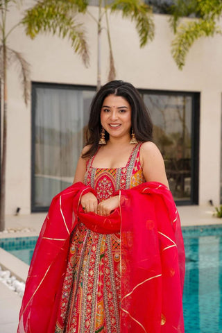 Marriage Wear Red Color Digital Printed Jimmy Organza Silk Anarkali Gown