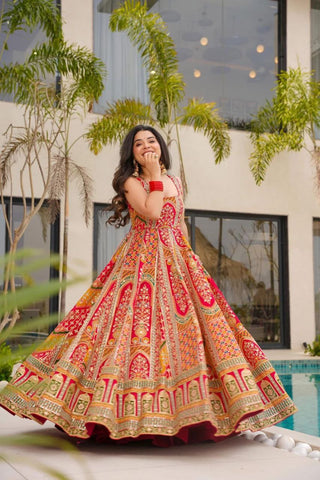 Marriage Wear Red Color Digital Printed Jimmy Organza Silk Anarkali Gown