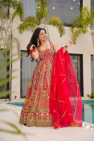 Marriage Wear Red Color Digital Printed Jimmy Organza Silk Anarkali Gown