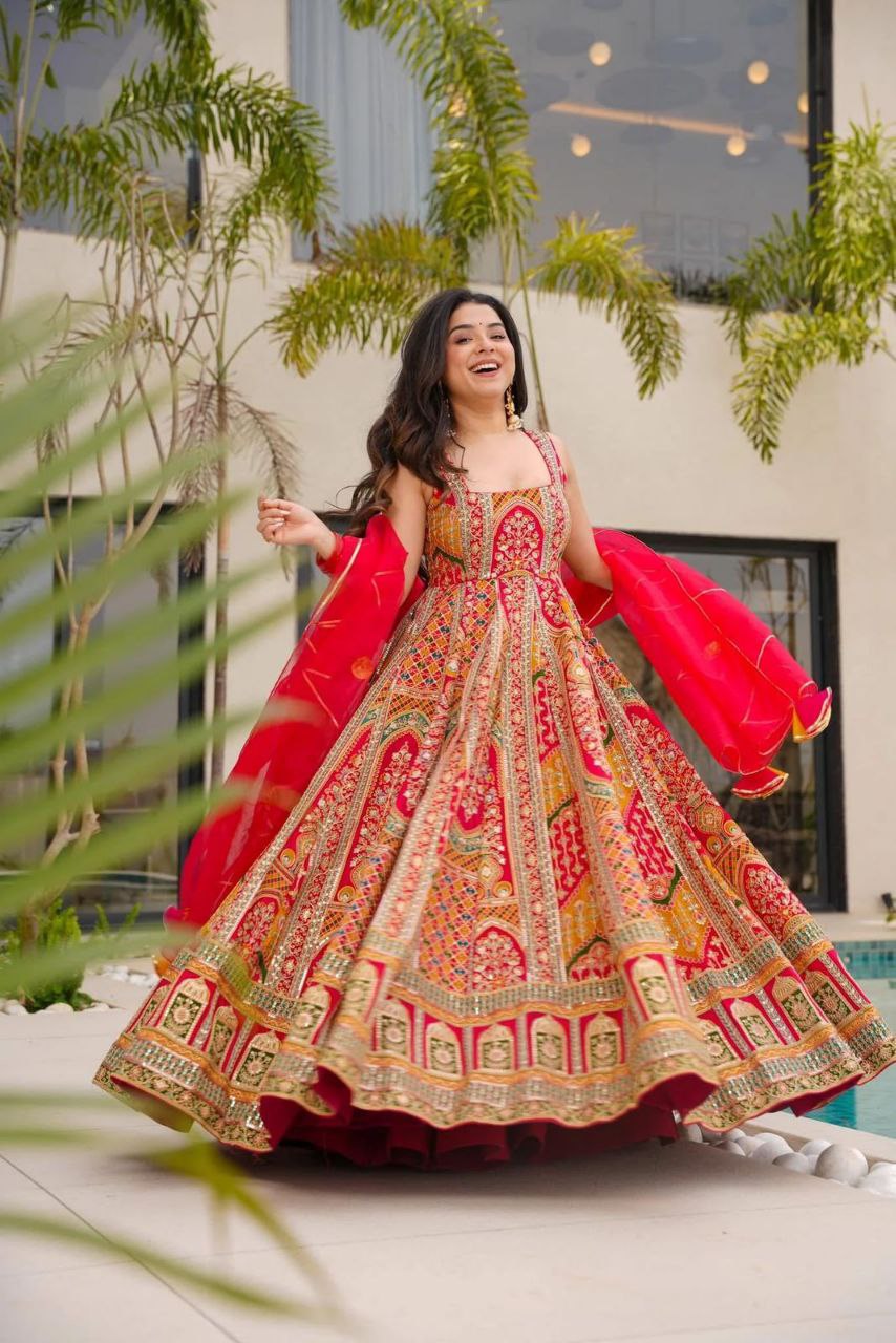 Marriage Wear Red Color Digital Printed Jimmy Organza Silk Anarkali Gown
