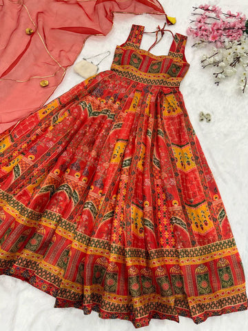 Marriage Wear Red Color Digital Printed Jimmy Organza Silk Anarkali Gown
