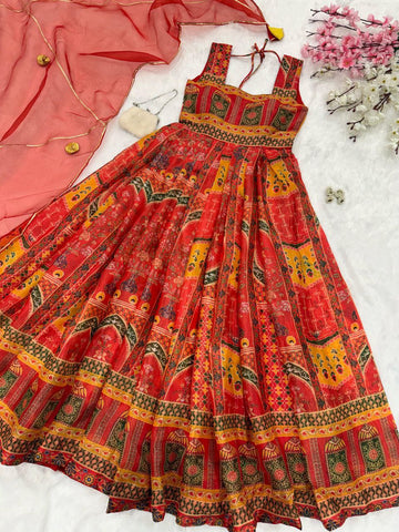 Marriage Wear Red Color Digital Printed Jimmy Organza Silk Anarkali Gown