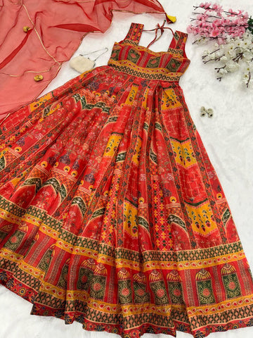 Marriage Wear Red Color Digital Printed Jimmy Organza Silk Anarkali Gown