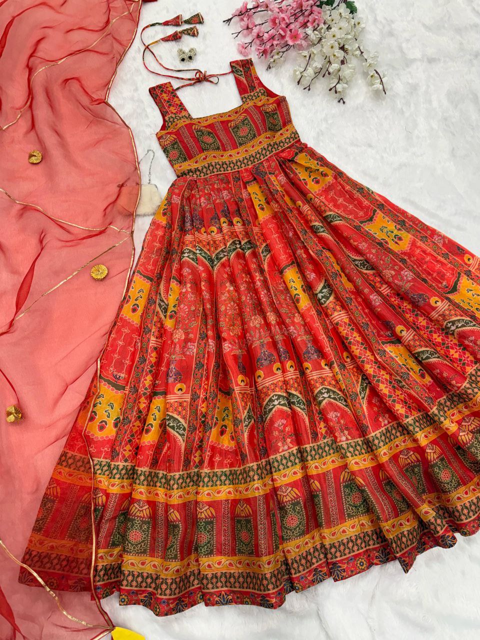 Marriage Wear Red Color Digital Printed Jimmy Organza Silk Anarkali Gown