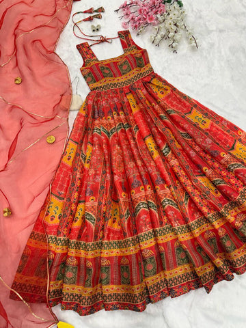 Marriage Wear Red Color Digital Printed Jimmy Organza Silk Anarkali Gown
