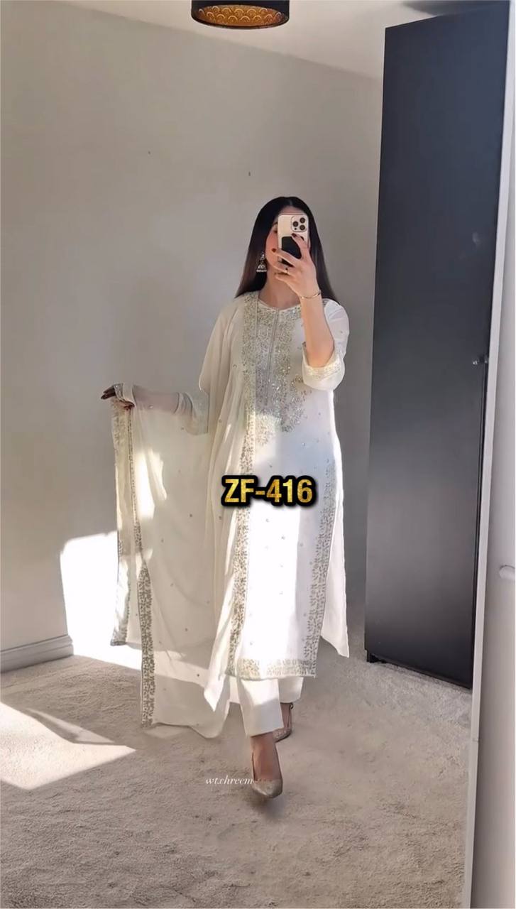 Casual Wear White Color Heavy Georgette With Heavy Embroidery Sequence Work Salwar Suit