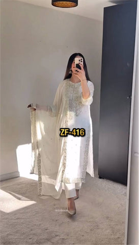 Casual Wear White Color Heavy Georgette With Heavy Embroidery Sequence Work Salwar Suit
