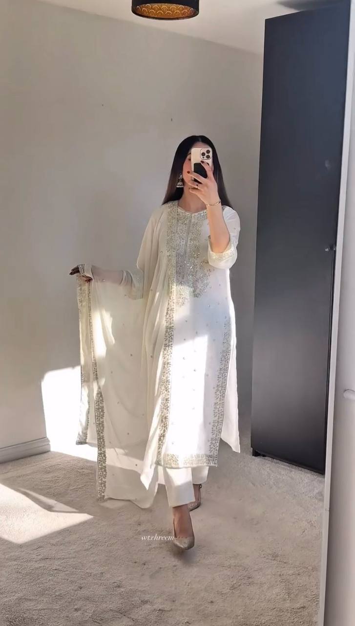 Casual Wear White Color Heavy Georgette With Heavy Embroidery Sequence Work Salwar Suit