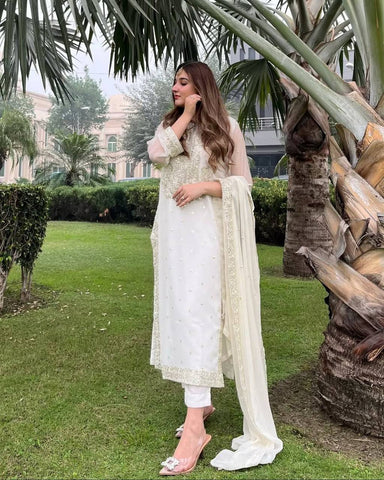Casual Wear White Color Heavy Georgette With Heavy Embroidery Sequence Work Salwar Suit