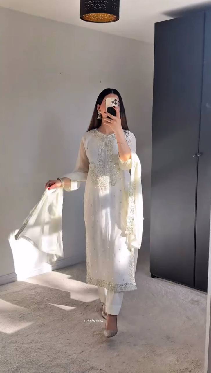 Casual Wear White Color Heavy Georgette With Heavy Embroidery Sequence Work Salwar Suit