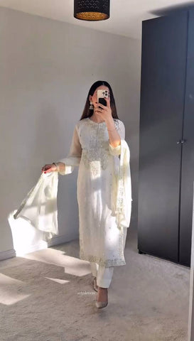 Casual Wear White Color Heavy Georgette With Heavy Embroidery Sequence Work Salwar Suit