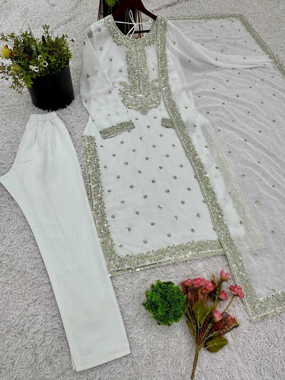 Casual Wear White Color Heavy Georgette With Heavy Embroidery Sequence Work Salwar Suit