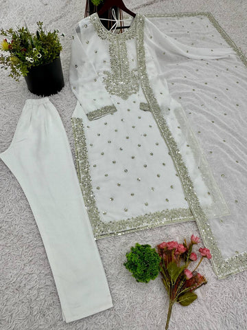 Casual Wear White Color Heavy Georgette With Heavy Embroidery Sequence Work Salwar Suit