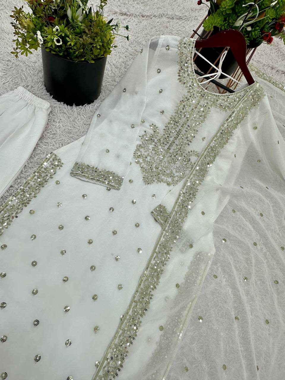 Casual Wear White Color Heavy Georgette With Heavy Embroidery Sequence Work Salwar Suit