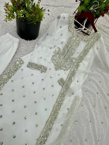 Casual Wear White Color Heavy Georgette With Heavy Embroidery Sequence Work Salwar Suit