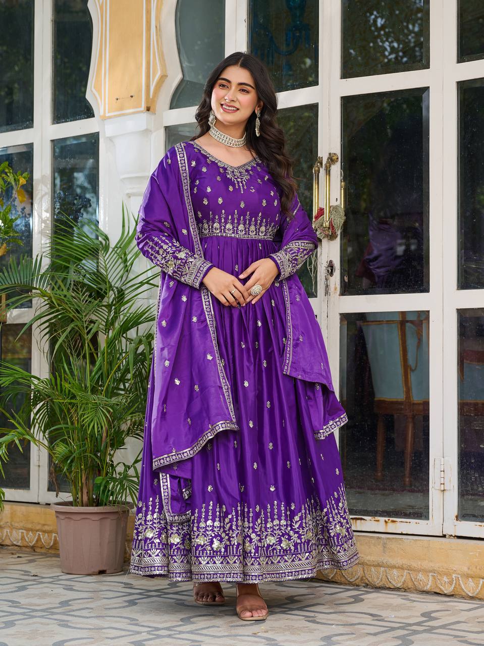 Wedding Wear Purple Color American Silk And Thread With Sequence Work Gown